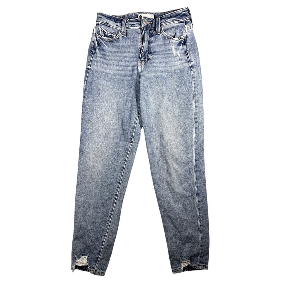 SO Juniors 0/24W High Rise Mom Jeans Light Wash Distressed Button Fly Denim